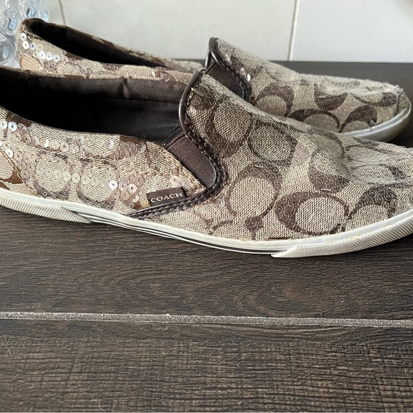 Coach Kivy Sequin Slip On Sneaker Tennis Shoe Brown  Coach Signature Logos Sz 9B - Picture 9 of 10